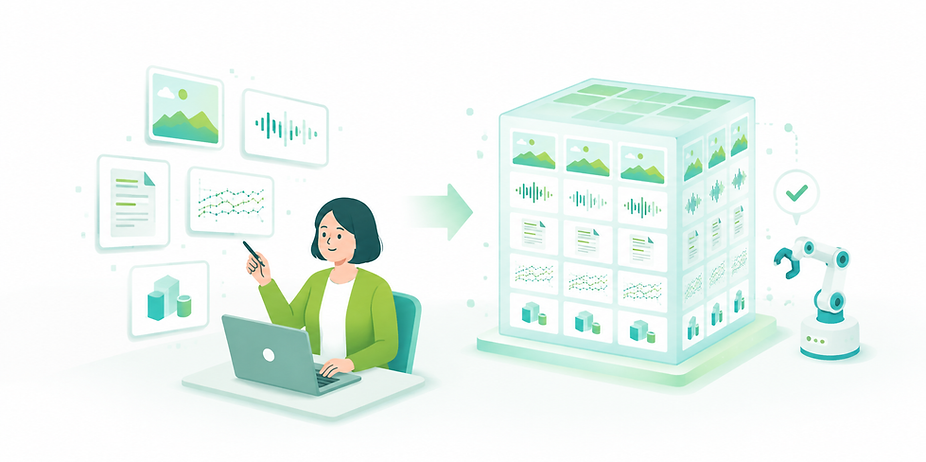 Illustration of organizing image, audio, and document data into data for AI training and evaluation