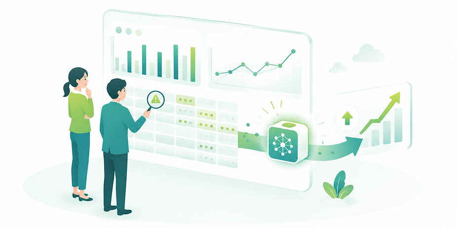 Illustration of diagnosing data on an analytics screen to improve AI performance and business outcomes