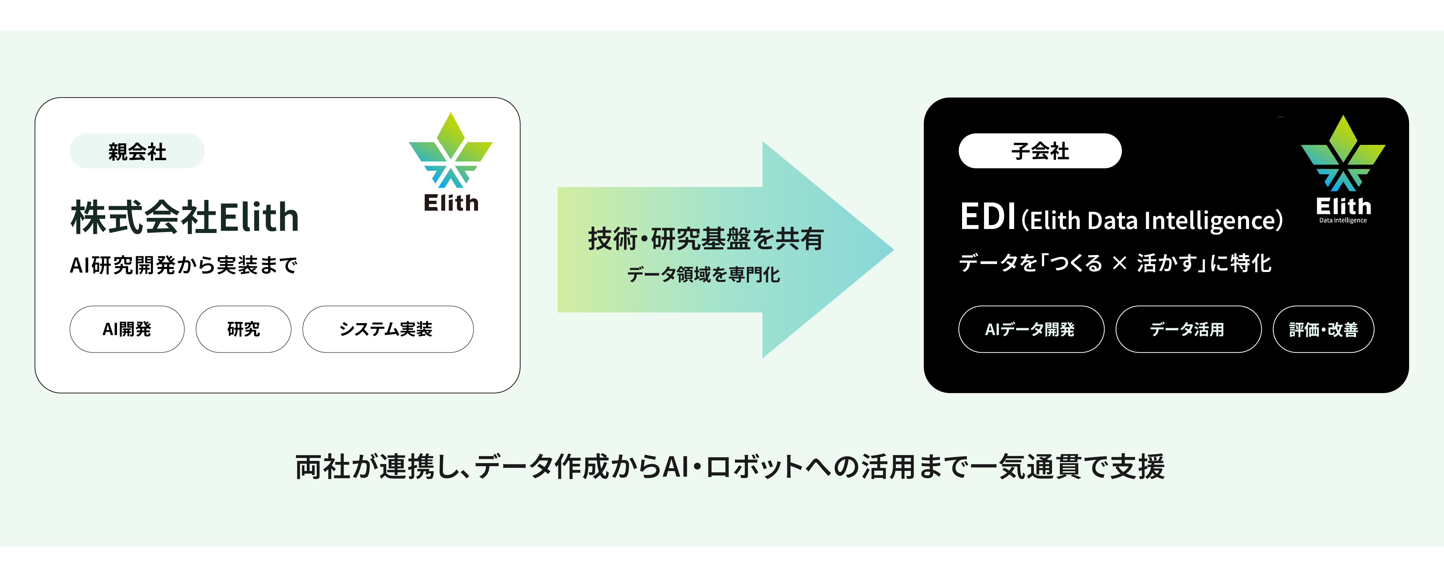 Diagram showing parent company Elith Inc. sharing its technology and research foundation, while subsidiary EDI specializes in creating and using data