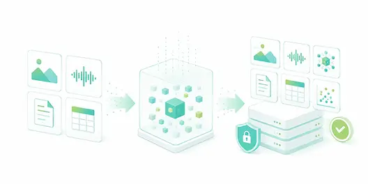 Illustration of generating synthetic data for AI training from image, audio, and document data